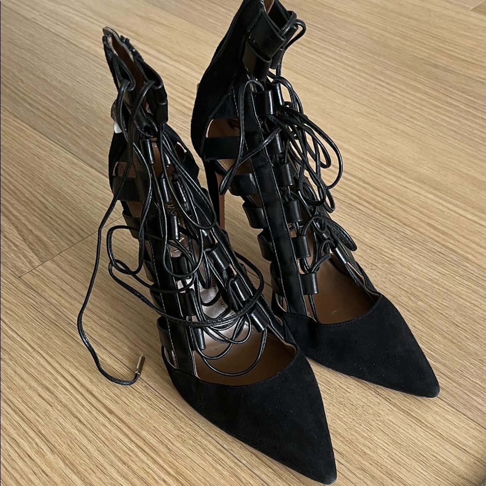 Aquazzura Black Suede and Leather Amazon Ankle Wrap Pumps